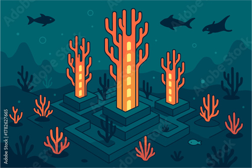 Futuristic underwater coral structures with sharks and fish in vibrant colors