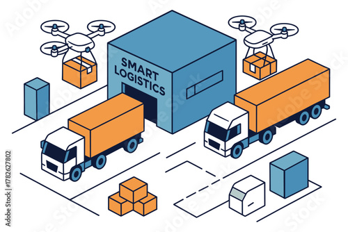 Isometric logistics hub with drones and trucks for smart delivery solutions