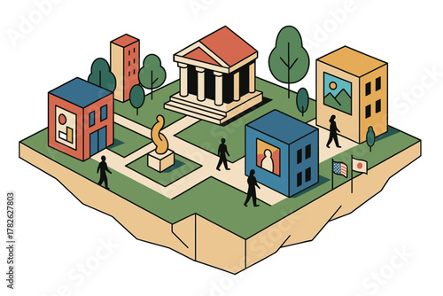 Isometric community park with art installations and modern buildings