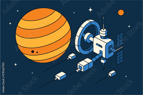 Isometric space scene with planet and futuristic satellite on dark background