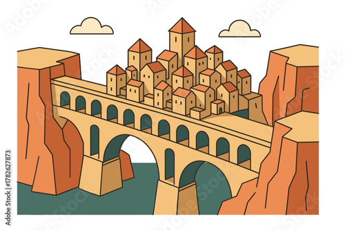 Isometric medieval cliff village with bridge and rocky landscape