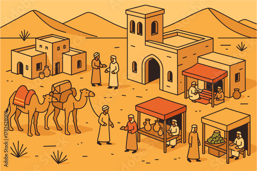 Ancient desert marketplace with camels and stalls in isometric style