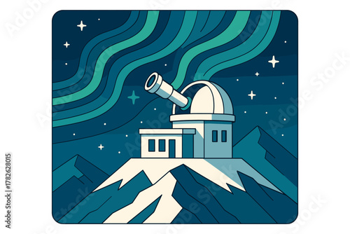 Observatory with telescope under aurora in starry night