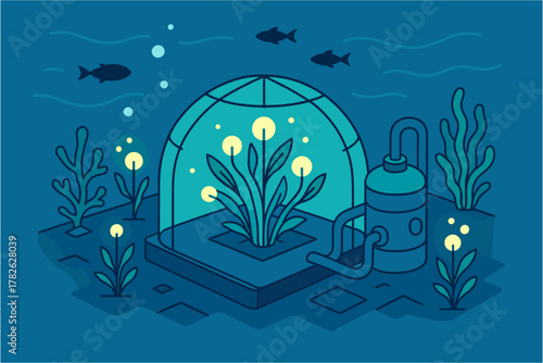 Underwater biosphere with luminous plants and aquatic life in night ocean scene