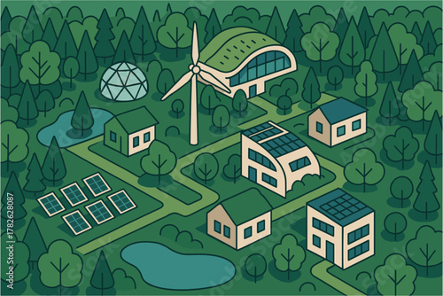 Sustainable eco village with renewable energy and modern architecture in lush green forest