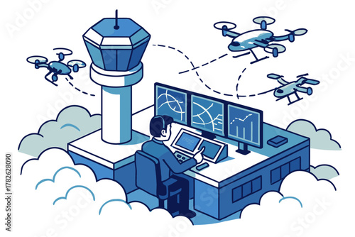 Air traffic control monitoring with drones in isometric style