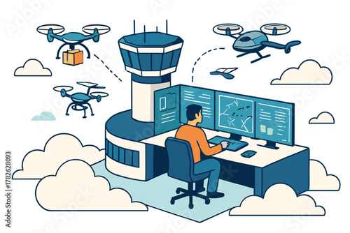 Air traffic control of futuristic drones in modern airport tower