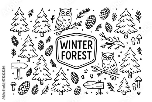 Winter forest doodles with owls, trees, and pinecones in black and white