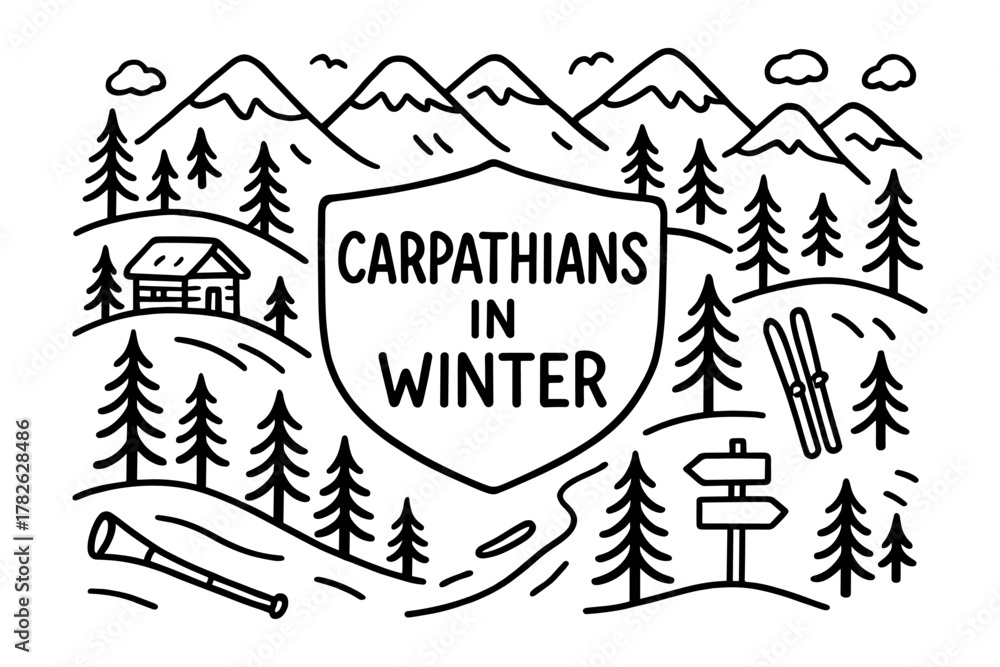 Fototapeta premium Carpathians winter adventures: cabin, ski, and alpine charm in monochrome design