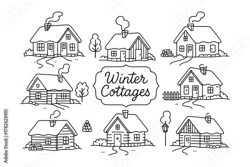 Cozy winter cottages collection in charming line art style