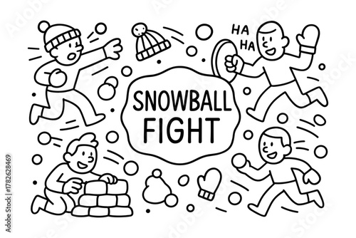 Winter fun: playful snowball fight in black and white linear style