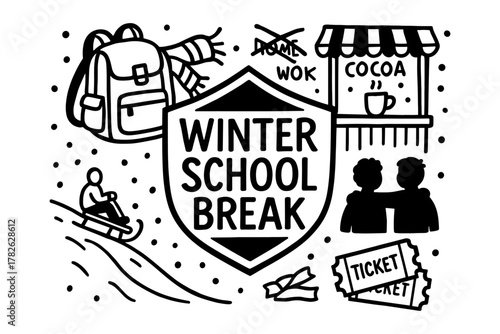 Winter school break symbols featuring sledding, hot cocoa, and tickets with bold outline style