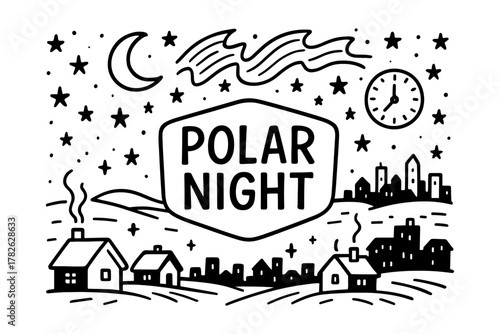 Polar night in minimalistic doodle style with stars, houses, and cityscape