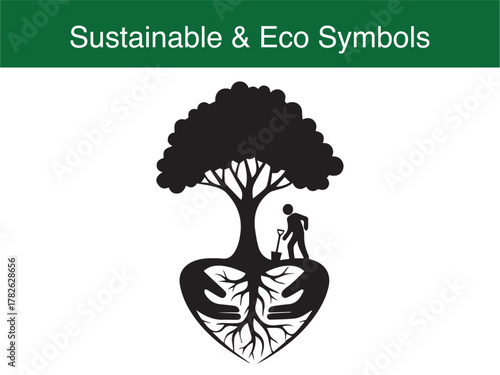Tree heart roots with human planting environmental care vector illustration
