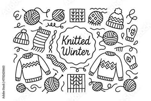 Cozy winter vibes: knitted sweaters, hats, and mittens in linear style