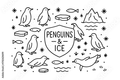 Penguins and ice: minimalist arctic wildlife illustration with playful elements