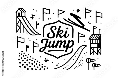 Ski jump emblem with flags and ramp in modern monochrome design