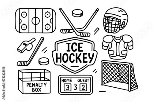 Hand-drawn ice hockey elements: rink, equipment, and scoreboard in black and white