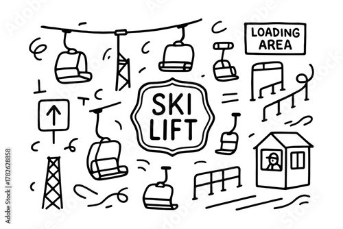 Hand drawn ski lift doodles with chairlifts and winter sport elements