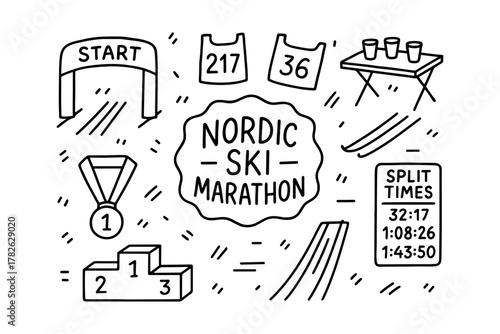 Nordic ski marathon doodle with race bibs, medal, and course elements in black and white