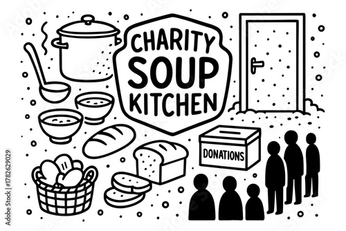 Monochrome charity soup kitchen elements: food, people, donation box, line art design