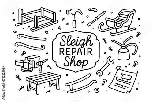 Sleigh repair shop concept with tools and equipment in linear design