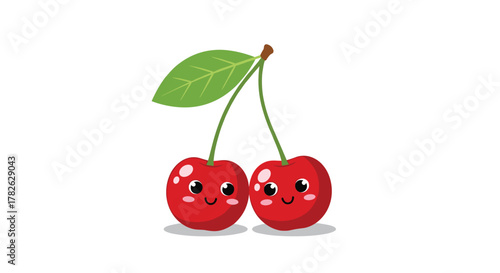 Two cute cartoon cherries with happy faces are connected by a green stem and a leaf, standing on a white background.