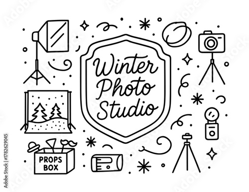 Winter photography studio elements with doodle style decor featuring camera and tripod