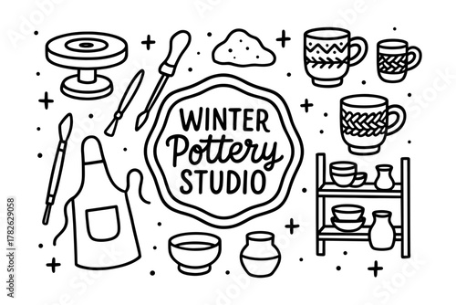 Winter pottery studio elements in monochrome doodle style for creative projects
