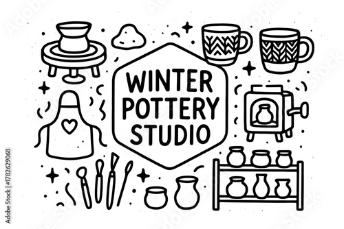 Cozy winter pottery studio collection with handcrafted elements and creative tools