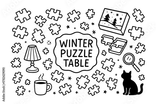 Winter puzzle table: cozy black and white doodle with games, coffee, and cat