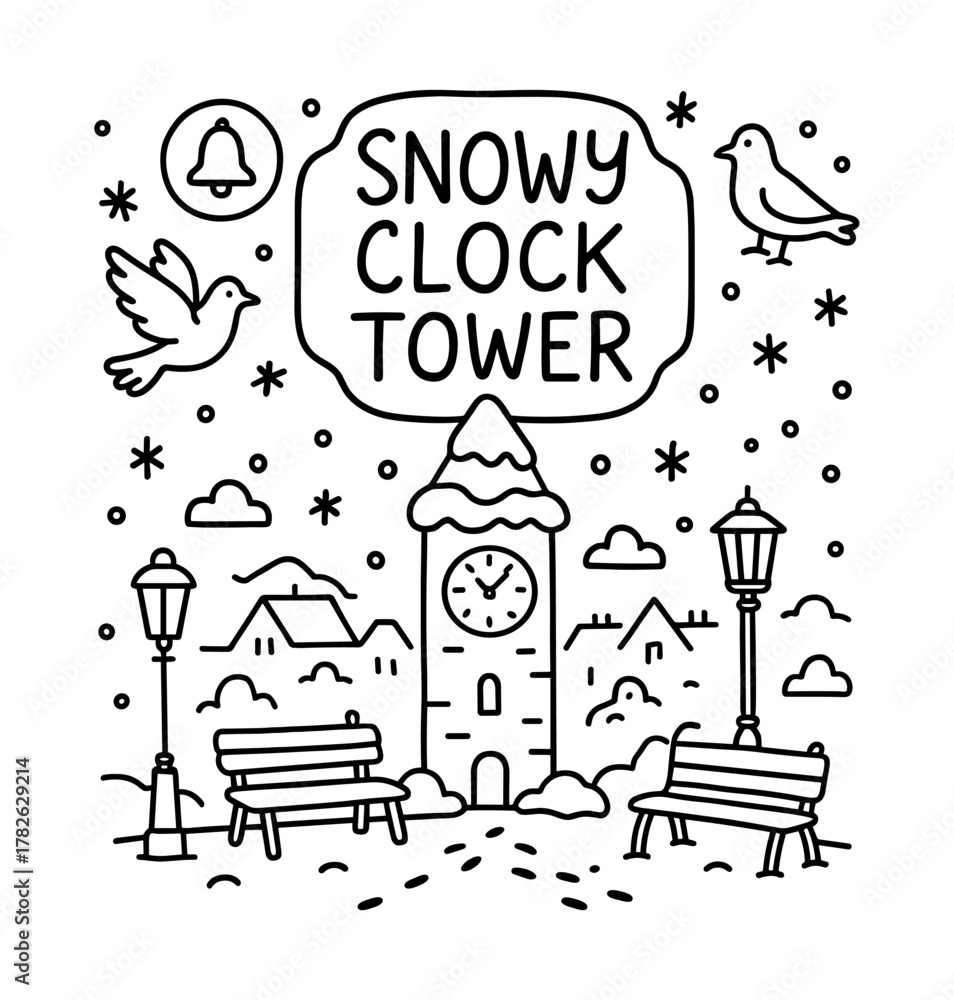 Fototapeta premium Snowy clock tower scene with birds and benches in winter wonderland