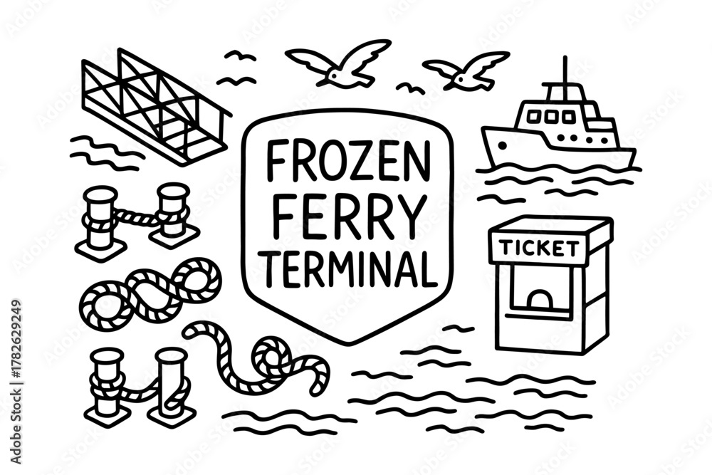 Fototapeta premium Frozen ferry terminal: black and white hand drawn nautical elements