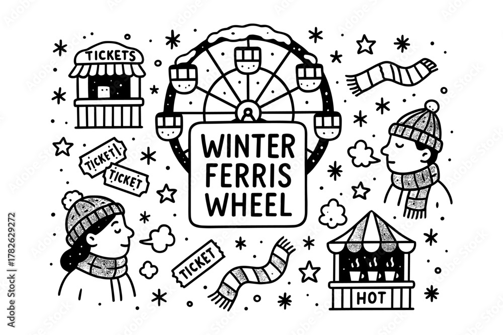 Fototapeta premium Winter ferris wheel fun doodle with cozy hats and hot drinks