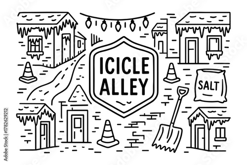 Winter street scene with icicles, buildings, and snow removal tools in linear design