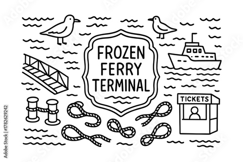 Frozen ferry terminal concept with nautical elements in linear style