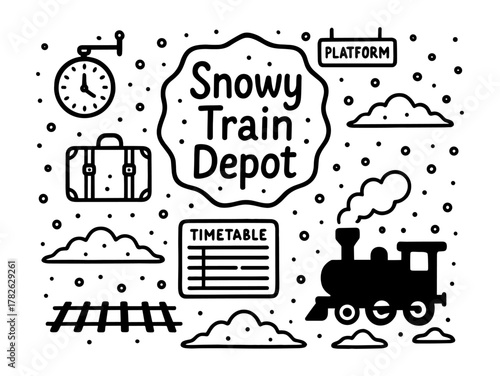 Snowy train depot with timetable and steam locomotive in winter landscape