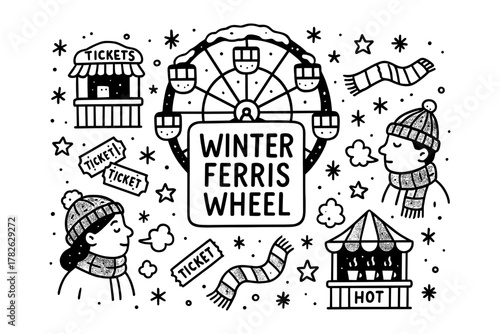 Winter ferris wheel fun doodle with cozy hats and hot drinks