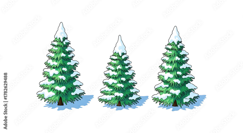 Fototapeta premium Three snowcovered evergreen trees standing in a row, isolated on transparent background