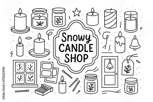 Cozy candle shop doodle collection: hand-drawn elements for winter decor and crafts