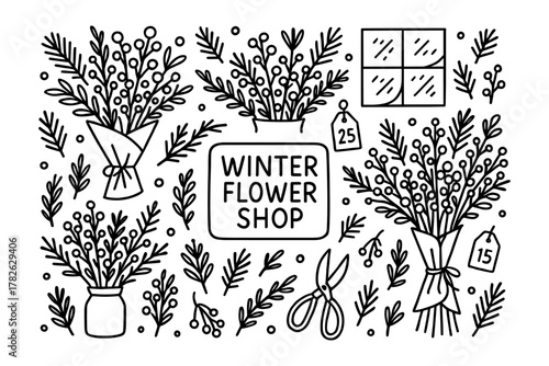 Botanical winter flower shop design with hand-drawn floral patterns and typography