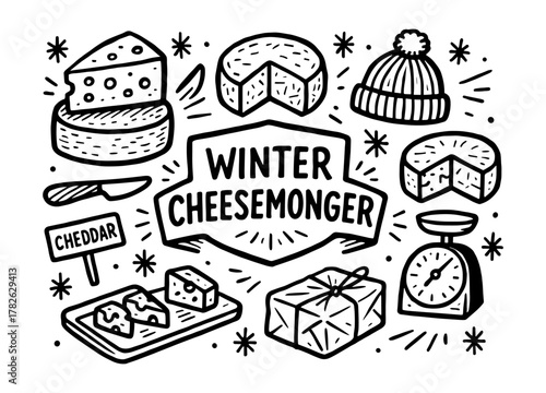 Retro cheese shop elements with winter theme in black and white style