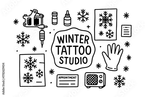 Winter tattoo studio: hand drawn snowflake design elements and equipment