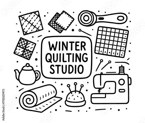 Winter quilting studio essentials: tools and patterns in hand-drawn style