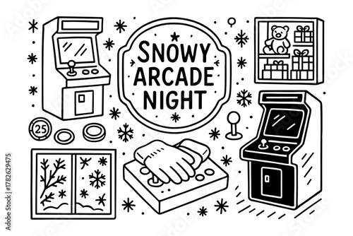 Retro gaming wonderland: snowy night with arcade machines, gifts, and cozy vibes