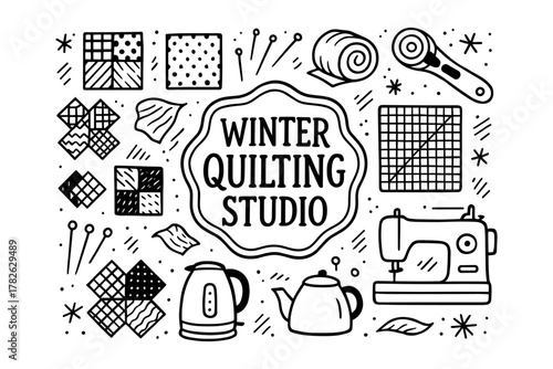 Cozy sewing and quilting essentials in a winter studio theme