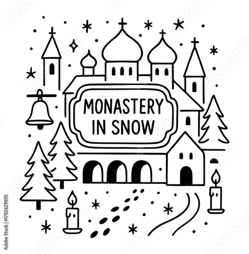 Monastery in winter wonderland with snowy trees and silhouettes