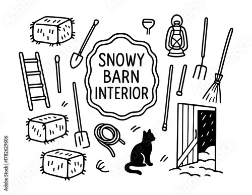 Rustic barn interior elements with farm tools in black and white line art style