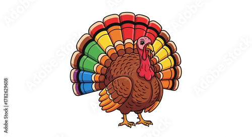 Colorful Cartoon Turkey with Rainbow Feathers on White Background