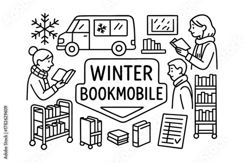 Winter bookmobile: cozy mobile library with snowflakes and books in linear style